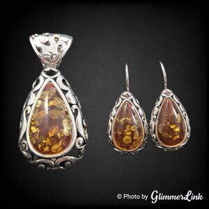 Amber Teardrop Scrollwork Silver Plated Pendant & Drop Pierced Earrings Set